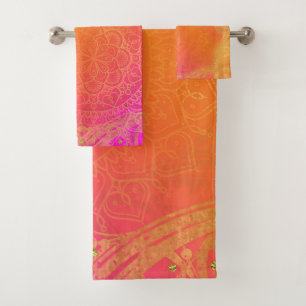 Fuchsia Pink Orange & Gold Indian Mandala Glam Badhandtuch Set