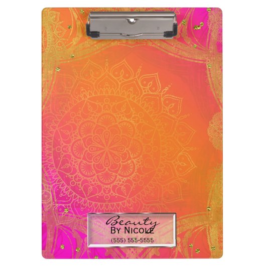 Fuchsia Pink Orange & Gold Indian Mandala Glam Klemmbrett (Vorderseite)