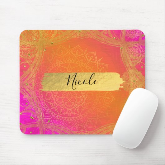 Fuchsia Pink Orange & Gold Indian Mandala Glam Mousepad (Mit Mouse)