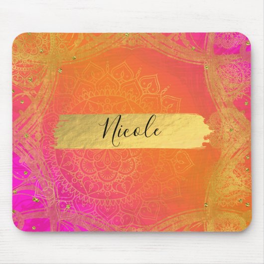 Fuchsia Pink Orange & Gold Indian Mandala Glam Mousepad (Vorne)
