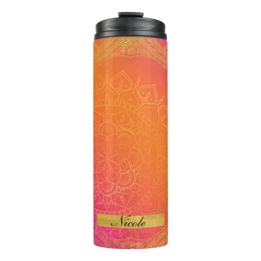 Fuchsia Pink Orange & Gold Indian Mandala Glam Thermosbecher (Vorderseite)