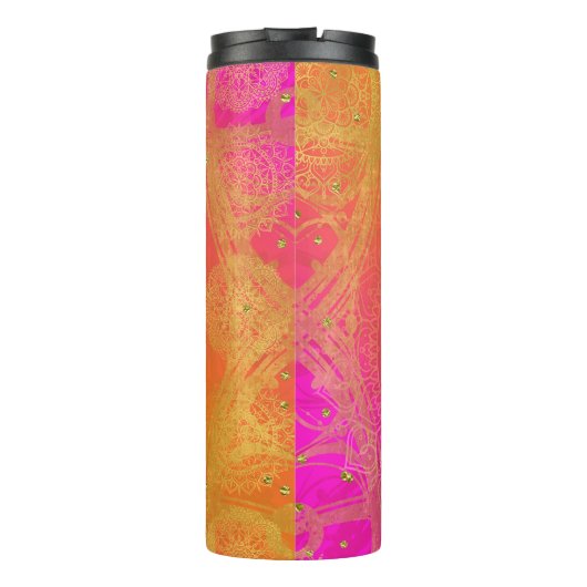 Fuchsia Pink Orange & Gold Indian Mandala Glam Thermosbecher (Rückseite)