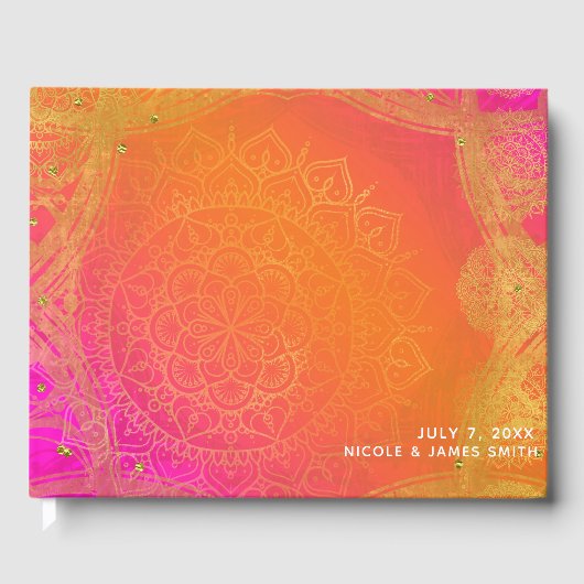 Fuchsia Pink Orange Gold Indian Mandala Wedding Gästebuch (Vorderseite)