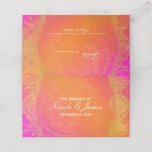 Fuchsia Pink Orange Gold Indian Mandala Wedding Platzkarte (Außenseite Aufgefaltet)