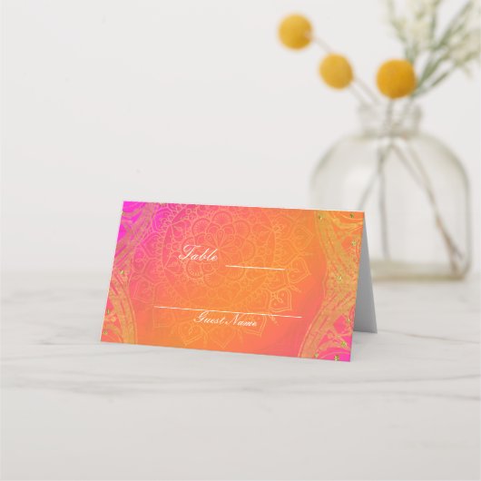 Fuchsia Pink Orange Gold Indian Mandala Wedding Platzkarte (Rückseite)