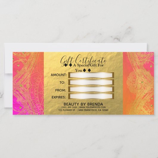 Fuchsia Pink Orange & Gold indischer Geschenkgutsc (Rückseite)