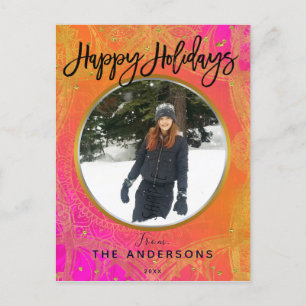 Fuchsia Pink Orange & Gold Mandala Feiertagsfoto Feiertagspostkarte