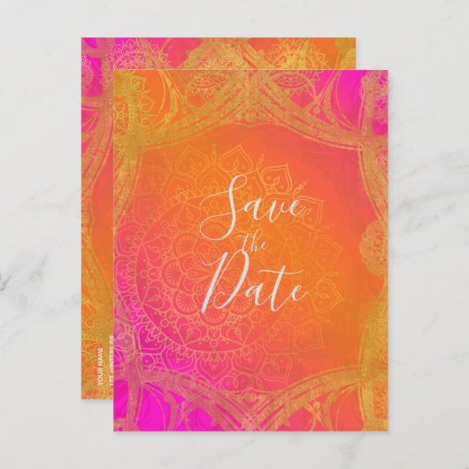 Fuchsia Pink Orange & Gold Mandala Save the Date Ankündigungspostkarte (Vorne/Hinten)