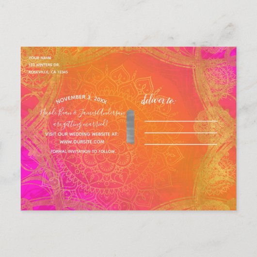 Fuchsia Pink Orange & Gold Mandala Save the Date Ankündigungspostkarte (Rückseite)