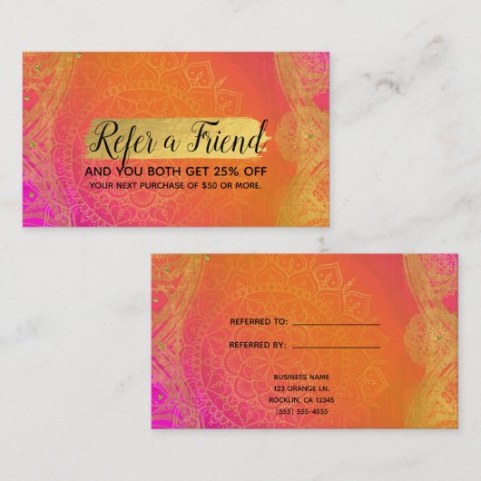 Fuchsia Pink Orange & Gold Mandala Verleihung eine Empfehlungskarte (Vorne/Hinten)