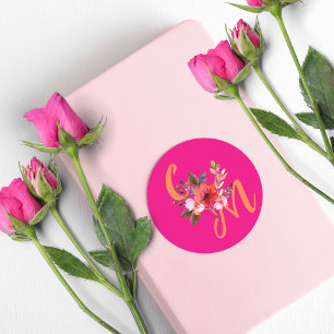Fuchsia Pink Orange Lila Bright und Bold Floral Runder Aufkleber