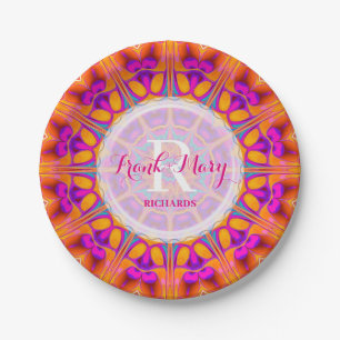 Fuchsia Pink Orange Monogram Paper Plate Pappteller