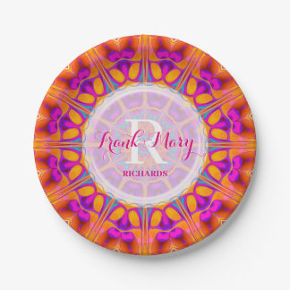 Fuchsia Pink Orange Monogram Paper Plate Pappteller