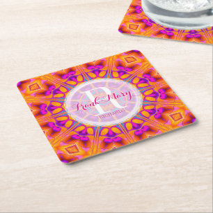 Fuchsia Pink Orange Monogram Paper Untersetzer