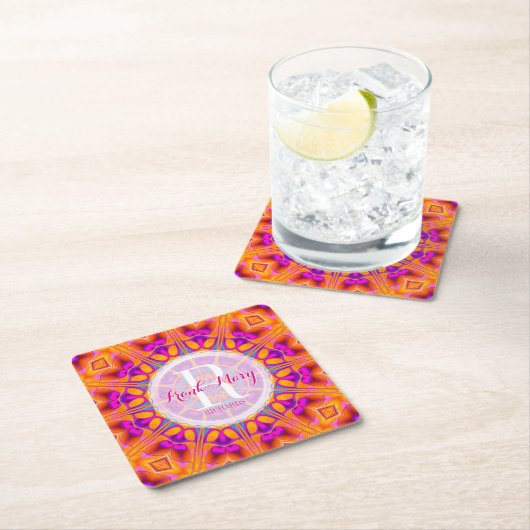 Fuchsia Pink Orange Monogram Untersetzer (Vor Ort)