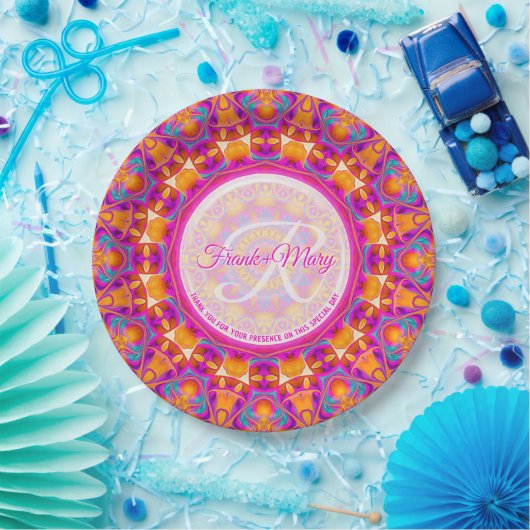 Fuchsia Pink Orange Party Mandala Monogram Pappteller (Party)