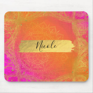 Fuchsia Pink Orange und Gold Indischer Mandala Gla Mousepad