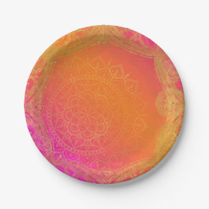Fuchsia Pink Orange und Gold Indisches Mandala-Fes Pappteller