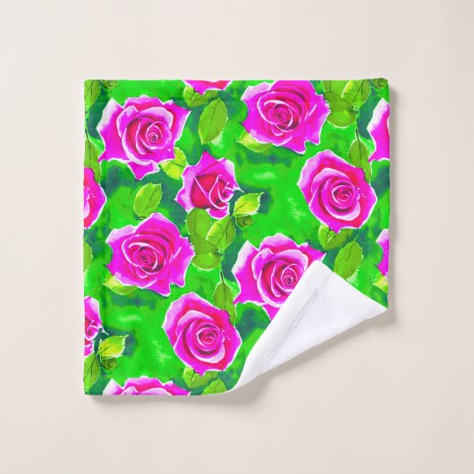 Fuchsia Pink Rose Muster Badhandtuch Set (Waschlappen)
