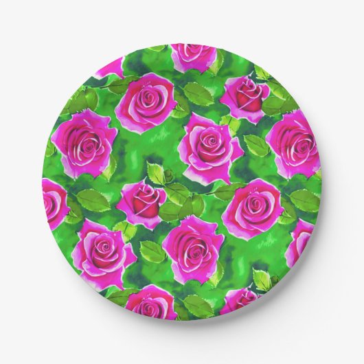 Fuchsia Pink Rose Muster Pappteller (Vorderseite)
