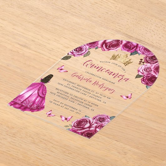 Fuchsia Pink Rose Wasserfarben Quinceñera Acryleinladungen (Ablage )