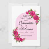 Fuchsia Pink Roses & Butterfly arch Quinceañera Save The Date (Vorderseite)