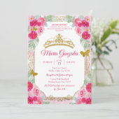 Fuchsia Pink Roses & Butterfly Mis Quince Einladung (Stehend Vorderseite)