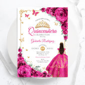 Fuchsia Pink Roses Gold Quinceanera Elegant Chic Einladung