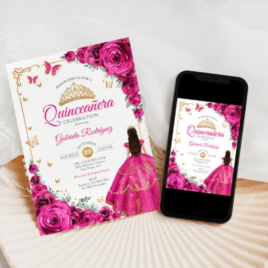 Fuchsia Pink Roses Gold Quinceanera Elegant Chic Einladung