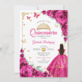 Fuchsia Pink Roses Gold Quinceanera Elegant Chic Einladung (Vorderseite)