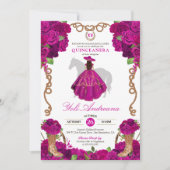 Fuchsia Pink Roses Western Charro Quinceañera V2 Einladung (Vorderseite)