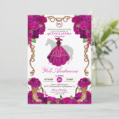 Fuchsia Pink Roses Western Charro Quinceañera V2 Einladung (Stehend Vorderseite)