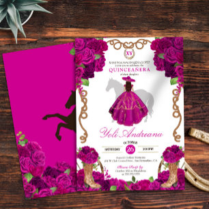 Fuchsia Pink Roses Western Charro Quinceañera V2 Einladung