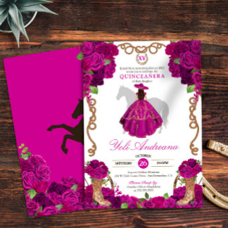Fuchsia Pink Roses Western Charro Quinceañera V2 Einladung