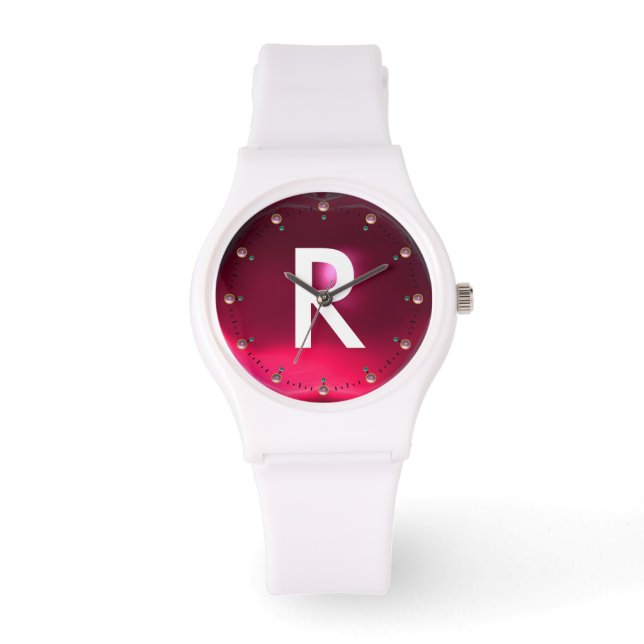 FUCHSIA PINK RUBY GEMSTONE MONOGRAM ARMBANDUHR (Vorderseite)