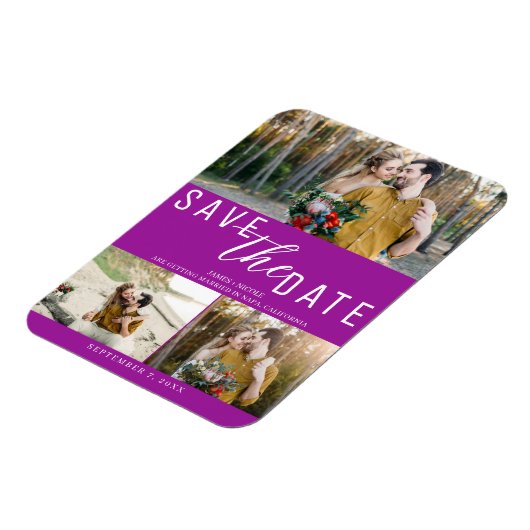 Fuchsia Pink Save the Date Hochzeit 3 Fotos Magnet (Linke Seite)