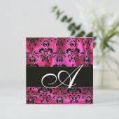 FUCHSIA PINK SCHWARZER DAMASK KLOSTEMONOGRAMM, Gol Einladung (Stehend Vorderseite)