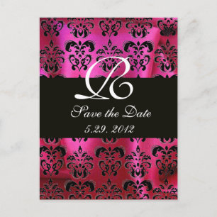 FUCHSIA PINK SCHWARZER DAMASTSTOFF MONOGRAMM, weiß Ankündigungspostkarte