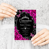 Fuchsia Pink Silver Black Quinceanera Einladung