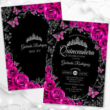 Fuchsia Pink Silver Black Quinceanera