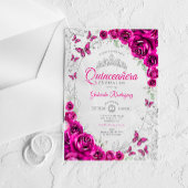 Fuchsia Pink Silver Floral Quinceanera Acryleinladungen