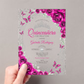 Fuchsia Pink Silver Floral Quinceanera Acryleinladungen (Insitu (Handheld))