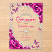 Fuchsia Pink Silver Floral Quinceanera Acryleinladungen (Vorderseite)