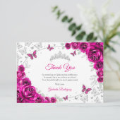 Fuchsia Pink Silver Floral Quinceanera Dankeskarte (Stehend Vorderseite)