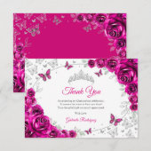 Fuchsia Pink Silver Floral Quinceanera Dankeskarte (Vorne/Hinten)