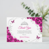 Fuchsia Pink Silver Floral Quinceanera Dankeskarte (Stehend Vorderseite)