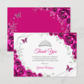 Fuchsia Pink Silver Floral Quinceanera Dankeskarte (Vorne/Hinten)