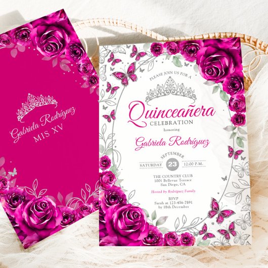Fuchsia Pink Silver Floral Quinceanera Einladung