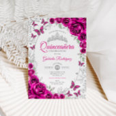 Fuchsia Pink Silver Floral Quinceanera Einladung