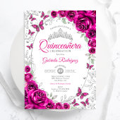 Fuchsia Pink Silver Floral Quinceanera Einladung